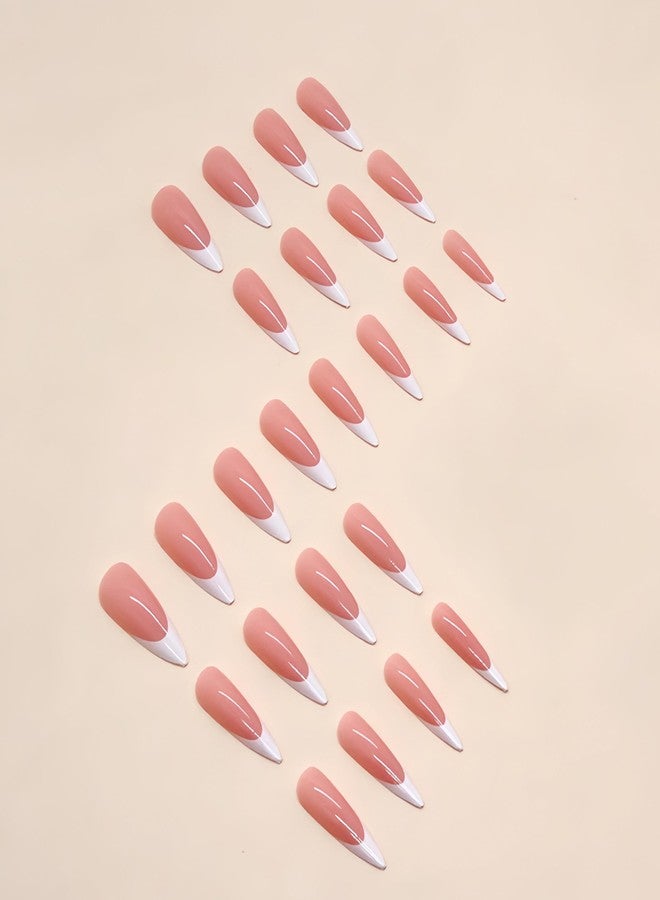 SHUXILIN White French Tip Press on Nails Long Stiletto Fake Nails Nude Pink Nails Press ons Nail Tips Stick on Nails Almond Shape Acrylic False Nails Glossy Full Cover Glue on Nails for Women DIY Manicure - Image 4